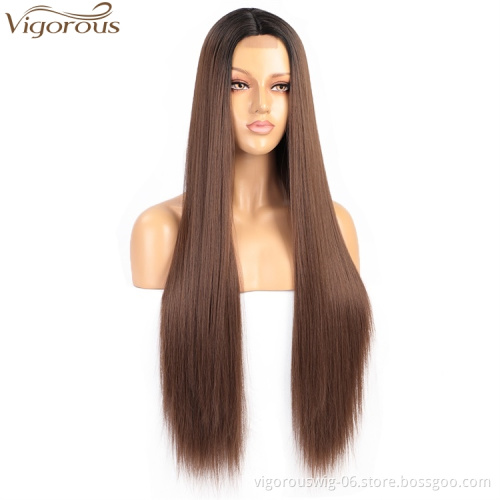 Vigorous Fashion Girl Cheap Long Silky Straight Wigs Lace Middle Part Ombre Brown Wigs For White Women Heat Resistant